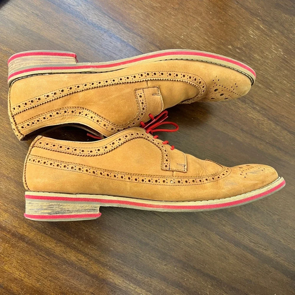 J.D. Fisk Mens Size 11 Oxfords Tan Leather Wingtip Brogue Red Laces Academia